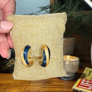 Vintage Gold and Blue Enamel Hoop Earrings
